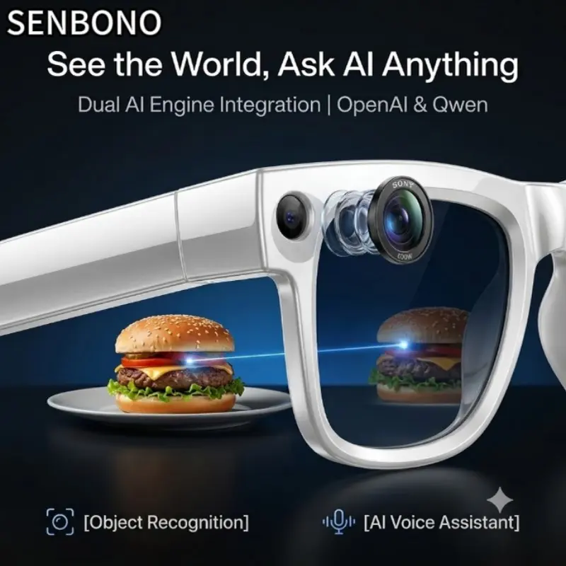 SENBONO Ai with Camera, Wireless Calling & Voice Assistant, Music Player, Translation Function, Travel Outdoor Daily Use,Wireless Audio Glasses, Multifunctional Smart Glasses, Wearable Tech Glasses, Wireless Audio Eyewear