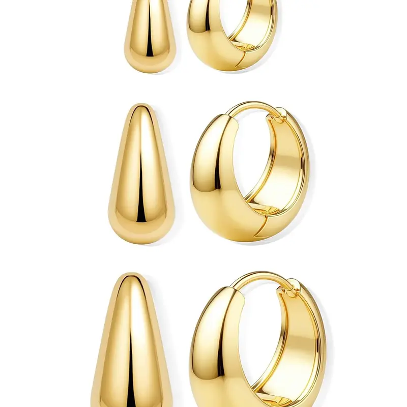 3 Pairs Gold Hoop Earrings Set for Women Small Chunky Huggie Hypoallergenic Earrings, Cute Tiny Thick Lightweight Trendy Hoops Earring Stacks for Multiple Piercing Women's Jewelry Gift Ear Accessories
