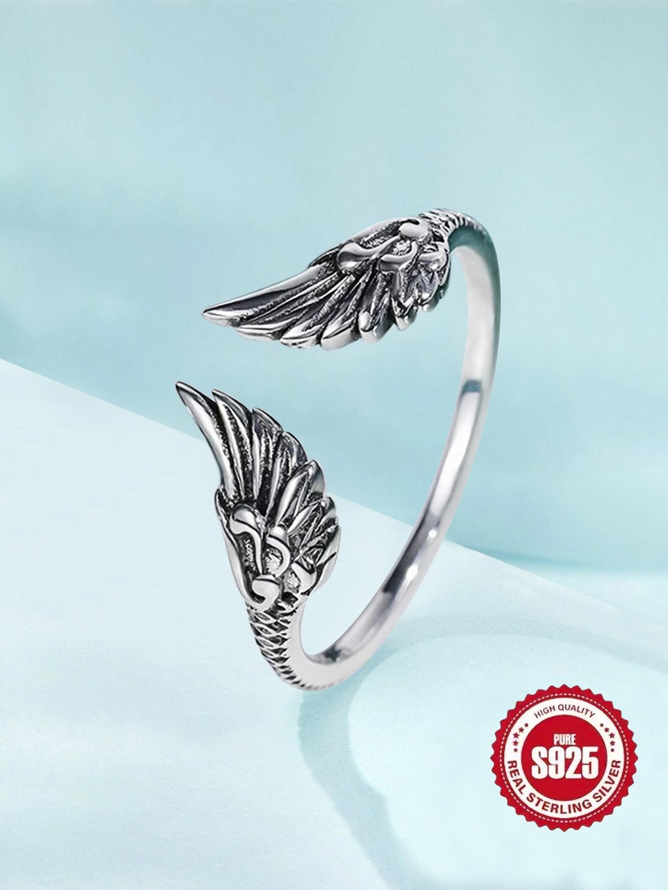 S925 Sterling Silver Vintage Angel Wing Design Cuff Ring, Open Ring, Fashion Jewelry Accessories for Women & Girls, Trendy Exquisite Jewelry for Birthday Gift