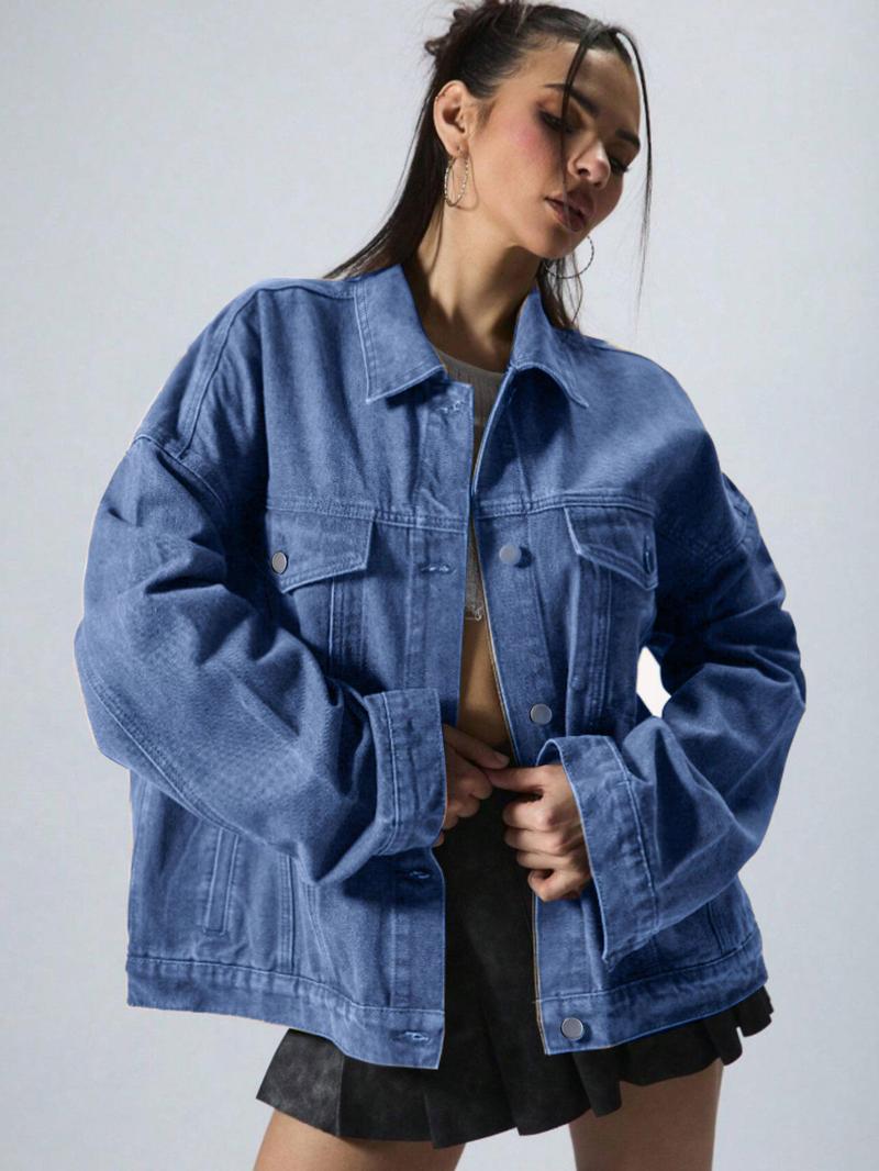 Women's Plain Button Front Drop Shoulder Denim Coat, Casual Long Sleeve Collared Pocket Outerwear for Daily Wear, Ladies Clothes for All Seasons, Clothing for Women Women's Plain Button Front Drop Shoulder Denim Coat, Casual Long Sleeve Collared Pocket Outerwear for Daily Wear, Ladies Clothes for All Seasons, Clothing for Women