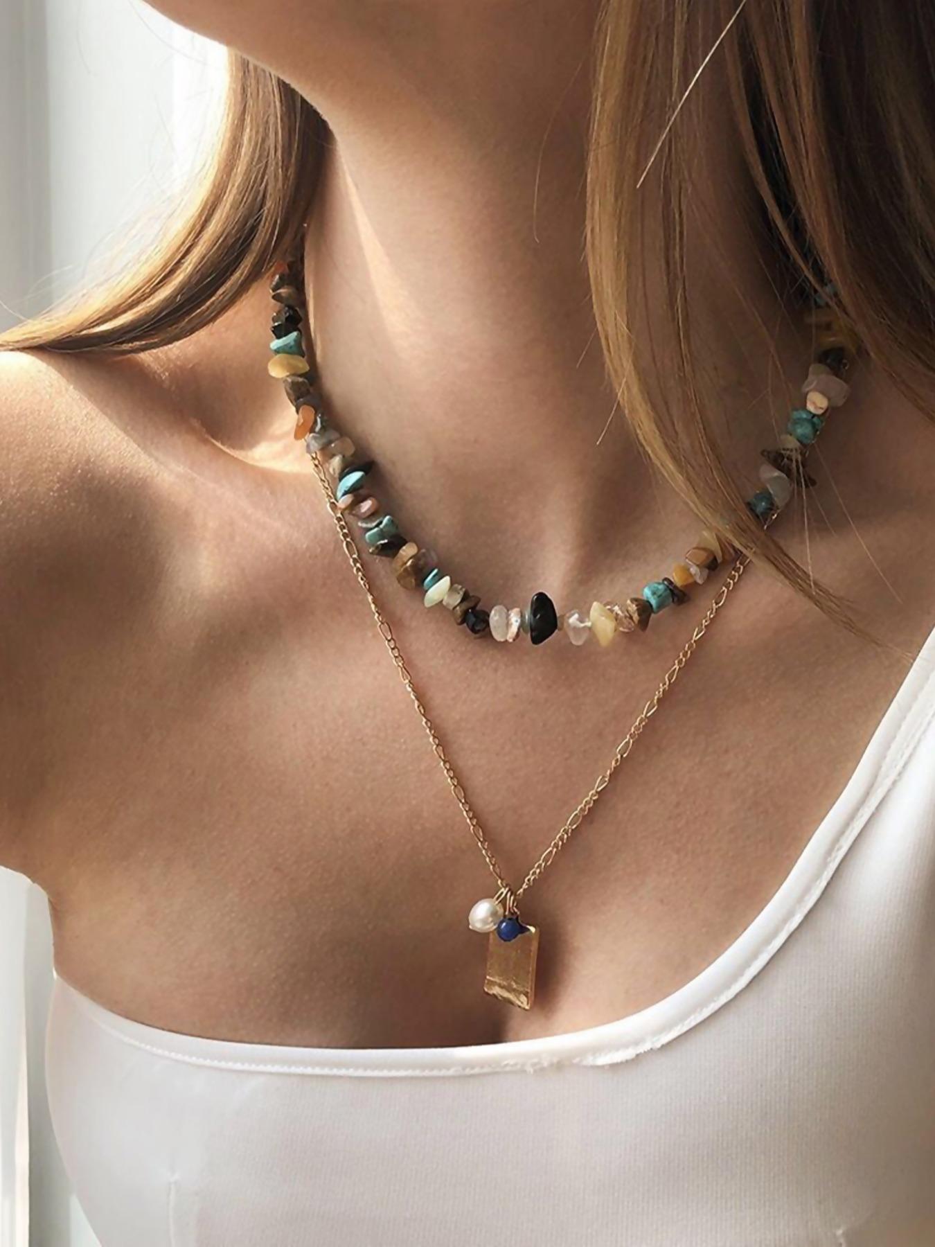 Random Pattern Artificial Gemstone Decor Beaded Necklace (1 Piece), Boho Style Jewelry For Women & Men, Fashion Accessories For Party, Daily Clothing Decor, Trendy Charms Necklace