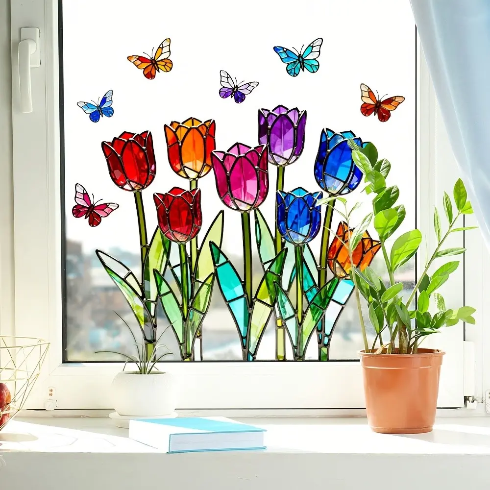 Colorful Tulip Butterfly Static Window Sticker, Decorative Sticker, Reversible Glass Decal, Sunlight Refraction Effect, Kitchen Bedroom Window Decor, Butterfly Stickers