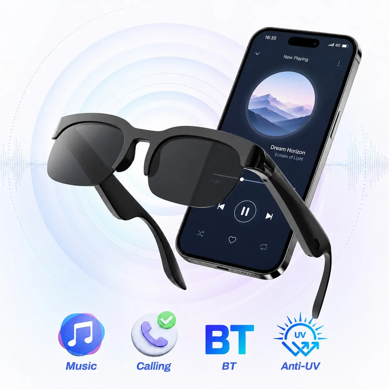 Bluetooth Smart Music Glasses for Men and Women, Open-Ear Audio Sunglasses with Mic and Speakers, Voice Control, Hands-Free Calling, UV400 Protection