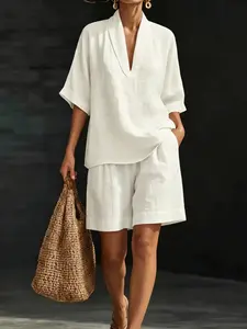 Summer Women's Linen Two-Piece Set, V-Neck Loose-Fit Half-Sleeve Top + Shorts, Casual Vacation Home Wear, All Seasons