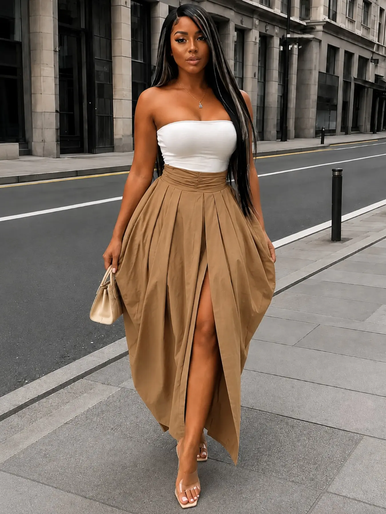 Summer Elegant Party Vacation Skirt, Solid Oversized Split Front, Casual Style, Suitable for Spring Autumn, Hip-Hop Fashion