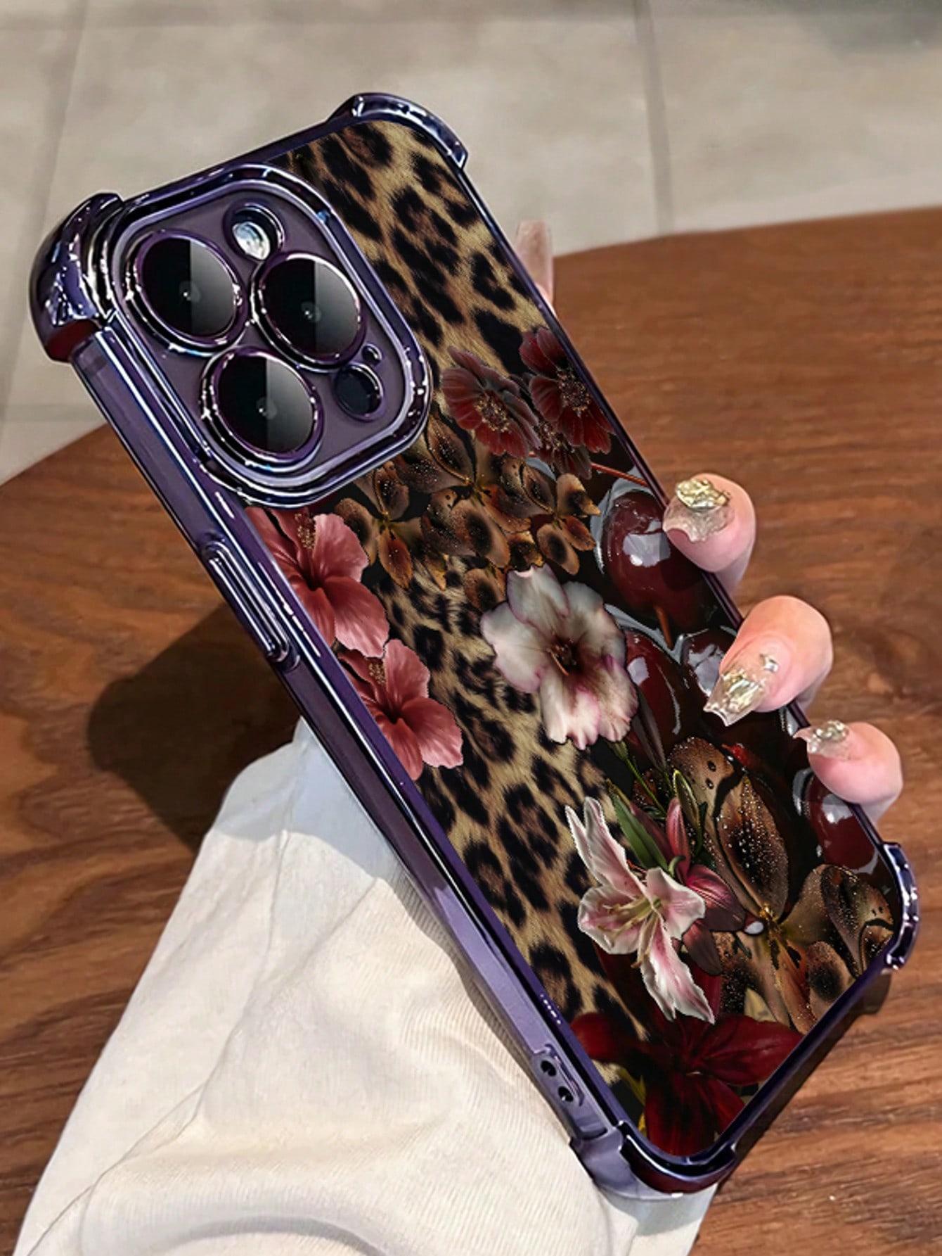 1pc Leopard Cherry Flowers Compatible With Apple Phone17/16/15/14/13/12/11/ProMax/Pro/Plus/Xs Max/XS/X,Four Corner Anti Fall Transparent Soft Shell Anti-Slip, Anti-Drop, Camera Lens Protection, Silicone Anti Wear Phone Case