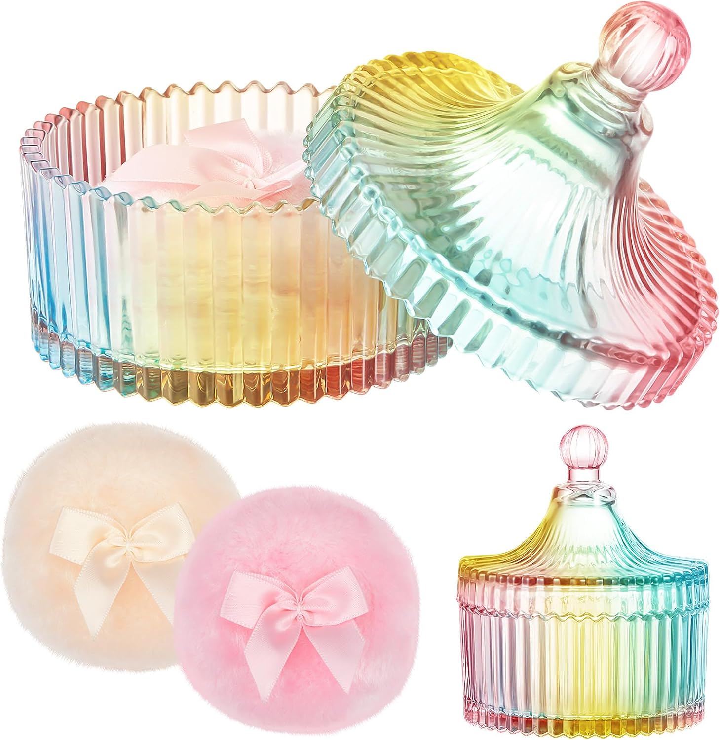 2 Pack Large Body Powder Puff with Storage Case Crystal Shell Soft Reusable Velvet Face Body Wet Dry Use Glitter Party Gift Set Classic Colorful Design