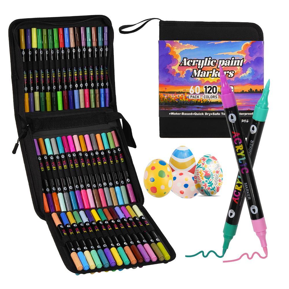 120-Color Acrylic Paint Marker Set, 60pcs Acrylic Paint Marker Pens with 2 Brush Heads, Creative Coloring Markers for Rock, Wood, Canvas, Stone and Fabric, Art Supplies, Art Materials, Artist Bundle, Acrylic Art Kit, Art Drawing Supplies