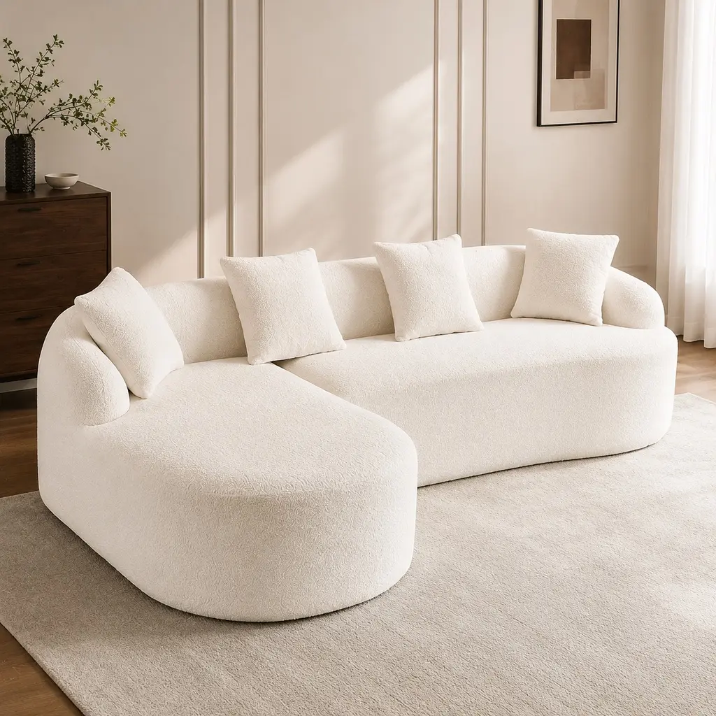 ARCH Boneless L-Shape Sectional Sofa with Curved Chaise, White Chenille Modular Couch, 30D High-Density Foam-Spring, 3-Seat Compression Piece for Living Room, Apartment, Includes 4 Pillows