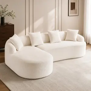 Boneless L-Shape Sectional Sofa with Curved Chaise, White Chenille Modular Couch, 30D High-Density Foam-Spring, 3-Seat Compression Piece for Living Room, Apartment, Includes 4 Pillows