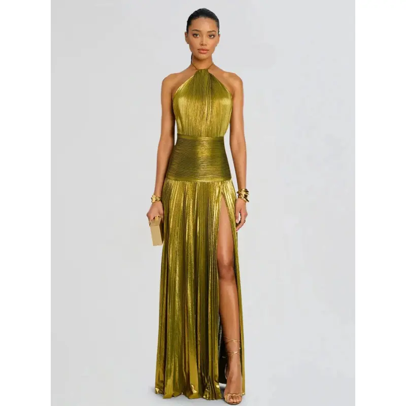 LikeMyChoice 2026 Metallic Olive Gold Pleated Halter Maxi Dress High Slit Formal Evening Gown for Women Sleeveless Floor-Length Maxi with Tie Closure - Fabric, Fit