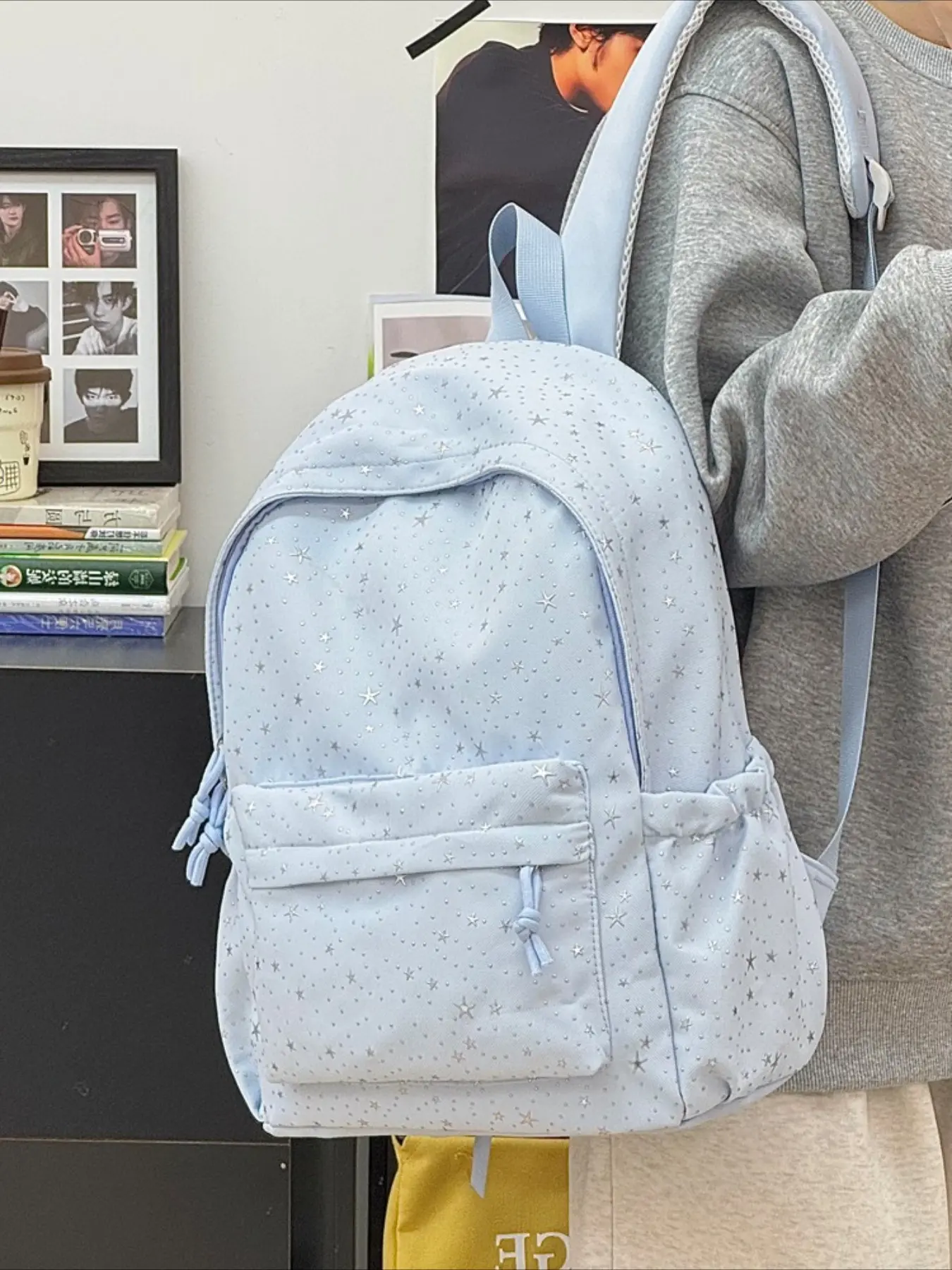 Women's Silver Color Star Print Backpack, Large Capacity Student Bag, Lightweight Casual Travel Backpack, Fresh and Simple Design, Cute Versatile Backpack