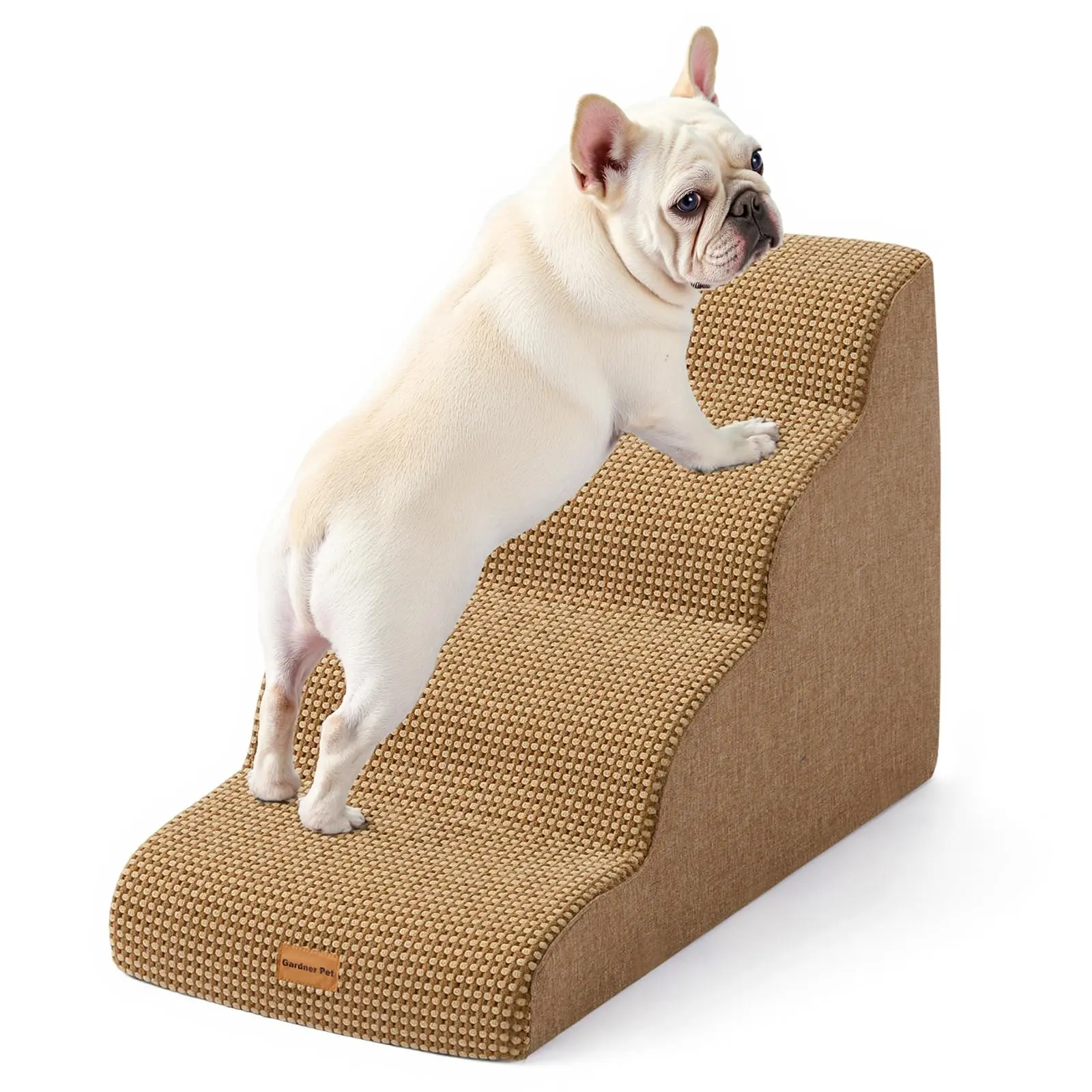 Gardner Pet Dog Stairs for Small Dogs 19.7" H, 4-Step Brown Curved Pet Stairs, Dog Steps for High Bed (18-24 in), Couch with Durable Non-Slip Waterproof Fabric Cover and CertiPUR-US Certified Foam