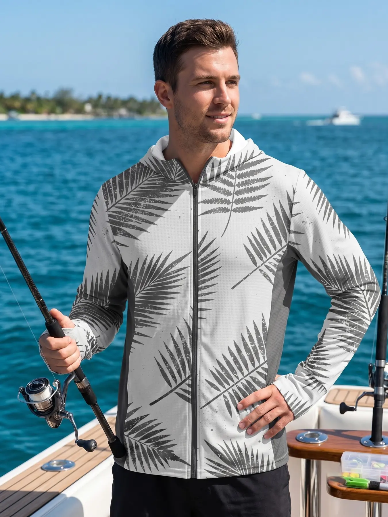 Vintage Palm Leaf Tropical Camo Hoodie, Lightweight Quick-Dry Long Sleeve Jacket, Sun Protection Full Zip, Beach Fishing Outerwear