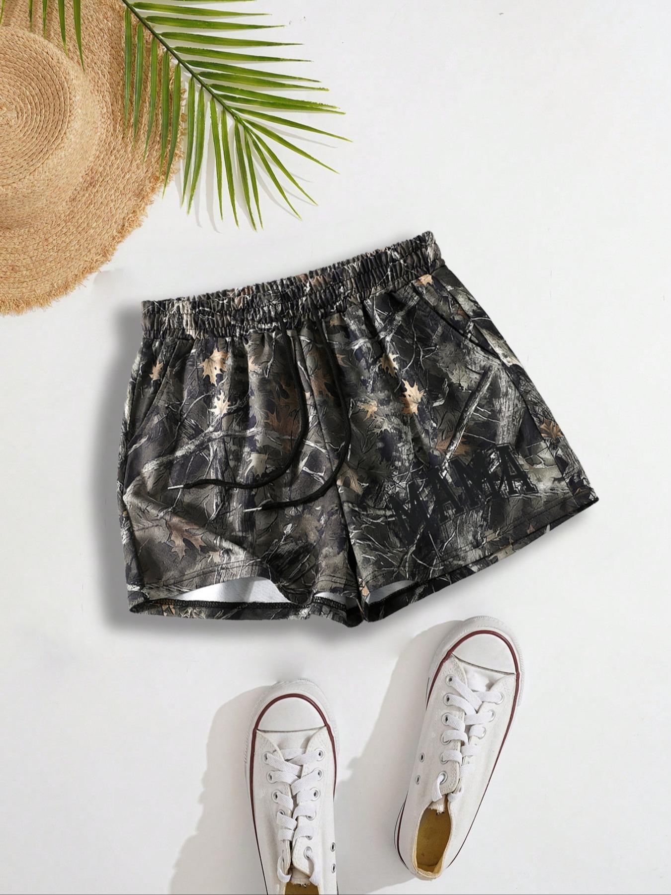 Women's Letter Print Drawstring Waist Shorts, Casual Elastic Waist Pocket Shorts for Summer, Ladies Bottoms for Daily Wear