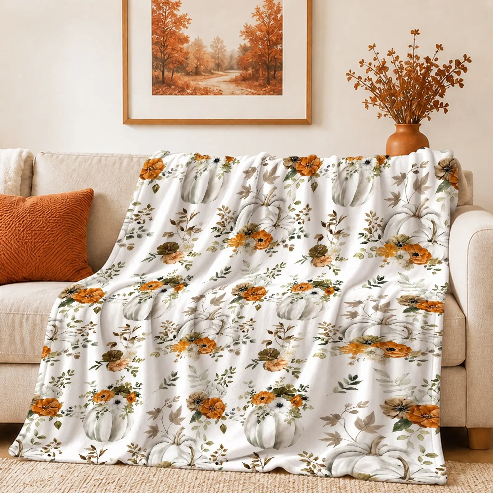 1pc Throw Blanket Fresh Autumn White Pumpkin Floral Style Soft Warm Lightweight White Pumpkin Orange Flower Botanical Printed Blanket for Family Sofa Bed Living Room Bedroom Fall Decor