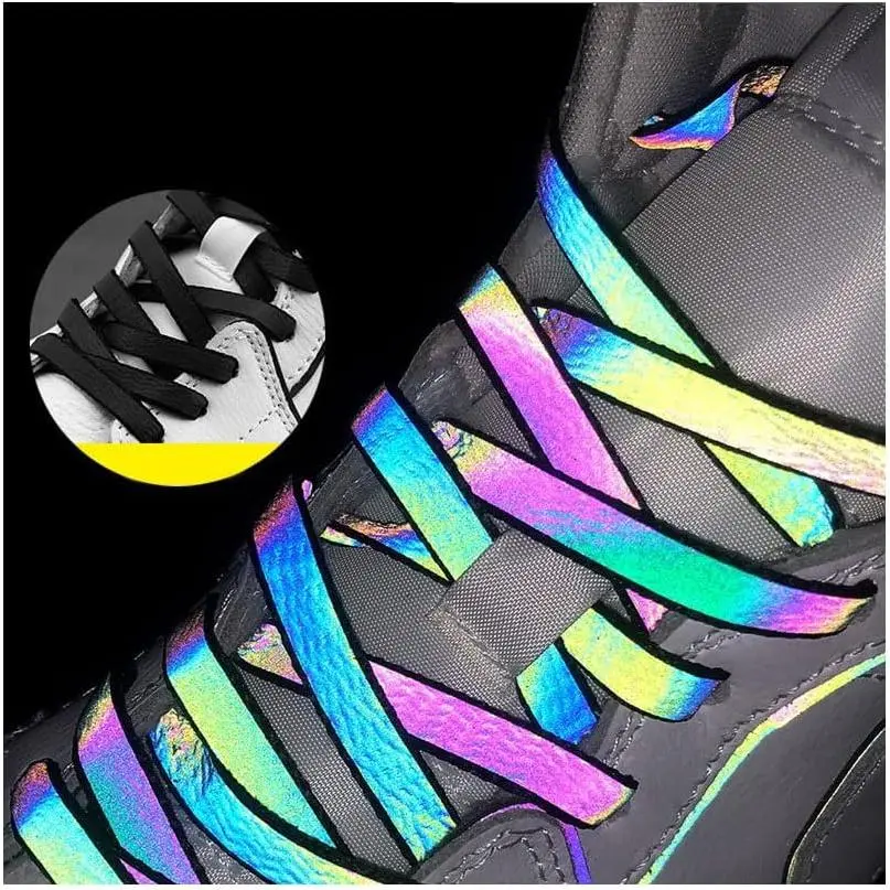 Holographic Reflective Shoelaces Double-Sided High-Bright Flat Laces for Sneakers & Shoes - Outdoor (Black, 140CM)