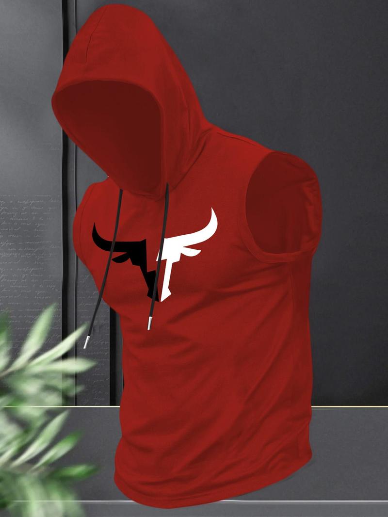 Men's Regular Fit Cartoon Bull Head Print Hooded Tank Top, Casual Fashion Sleeveless Top for Summer, Men's Clothes for Daily Wear, Sweatshirts