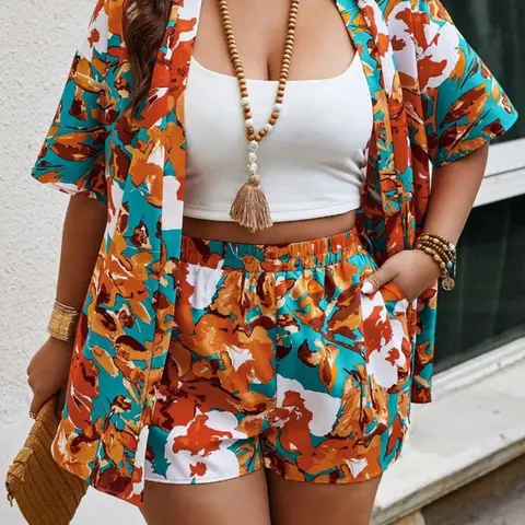 【Plus Size】 2 Counts Floral Print Two-Piece Set without Cami Top, Casual Half Sleeve Outwear & Pocket Shorts for Summer, Women's Outfits for Daily Wear, Beach Set Print, Matching Sets, Clothes, Blouse Shorts Set