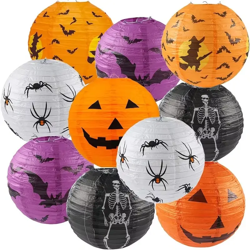 10pcs Mixed Halloween Paper Lantern Set, Vintage Skull Bat Pumpkin Designs, Includes 5 Lanterns & 5 Stands, Perfect for Halloween Decorations
