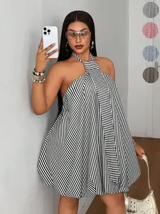 Plus Size Striped Halter Flower Bud Dress, Loose Shoulder Short Dress, Casual Summer, Beach Vacation, Date Night