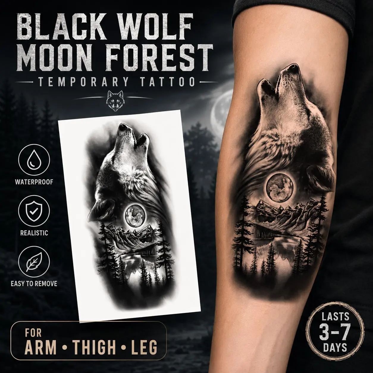 Black Wolf & Moon Forest Sticker Tattoo - Waterproof, Durable, Realistic Fake Design, Fit for Arms, Thighs - Ideal Moon Tattoo Gift for Adults, Fake Tattoo