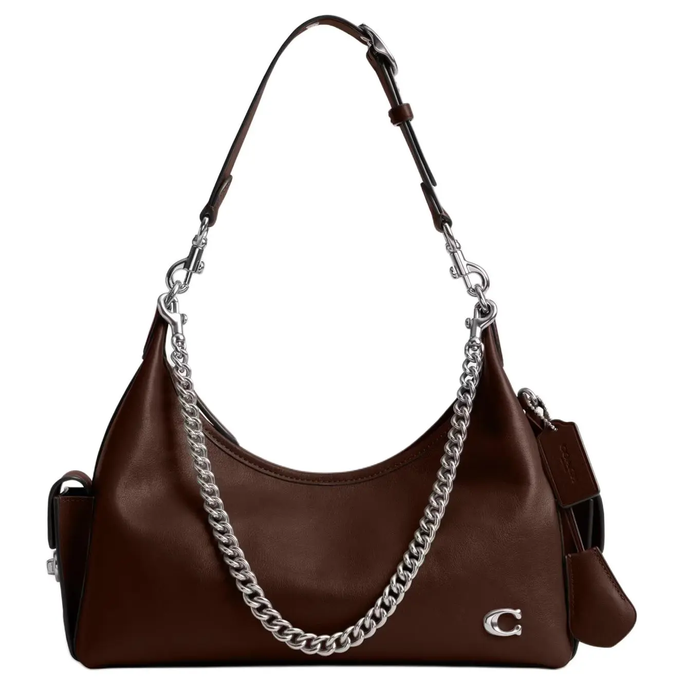 COACH Pocket Juliet 30 Motorcycle Shoulder Bag for Women, Shiny Leather, Silver Hardware, Brown