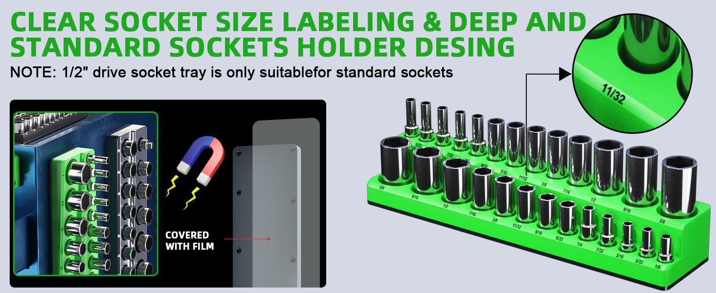 Magnetic Socket Organizer Holder Set For Tool Box Drawer, Toolbox Organization Including 1/4", 3/8" and 1/2" Drive Metric SAE Socket Trays (Sockets are not Included)