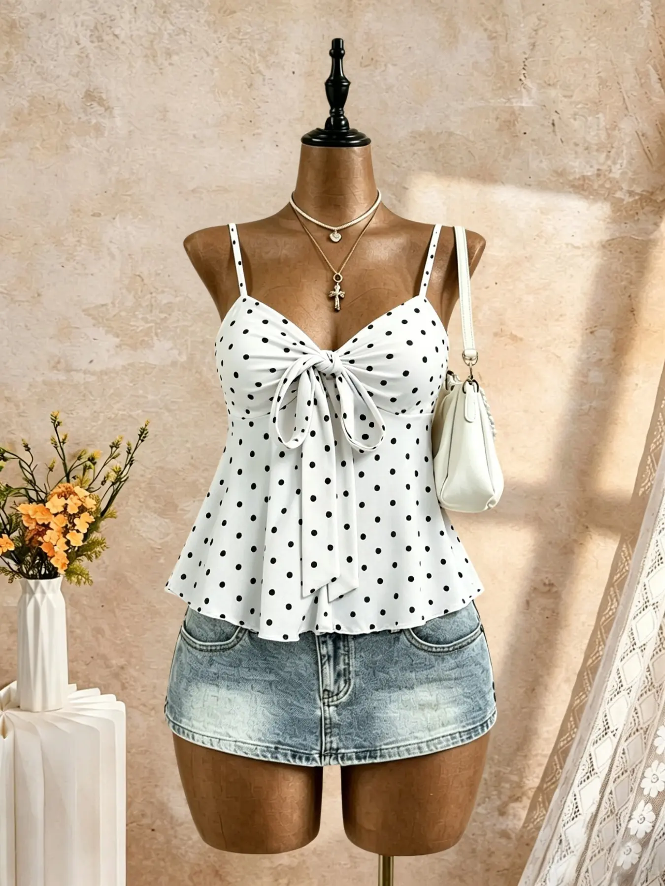 Vintage Polka Dot Bow Halter Top Women, V Neck Waist Cinch Ruffle Hem, Slim-Fitting Sleeveless Summer Dressing Up Shirt