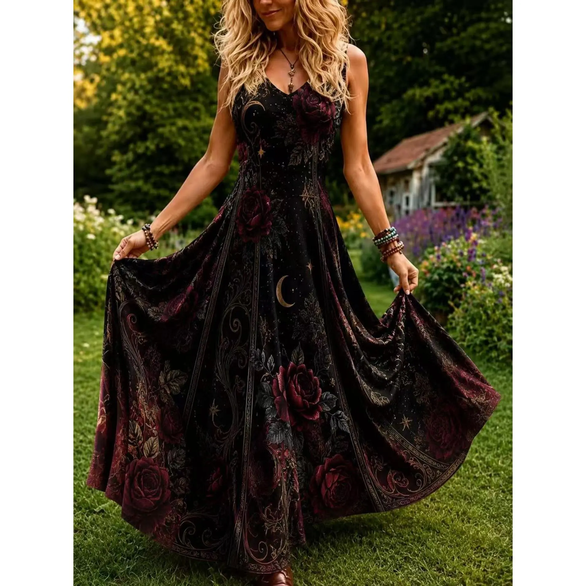 [New Halloween] 2026 new summer new black background retro starry sky crescent moon red rose thin suspender dress V-neck drape garden party atmosphere long dress