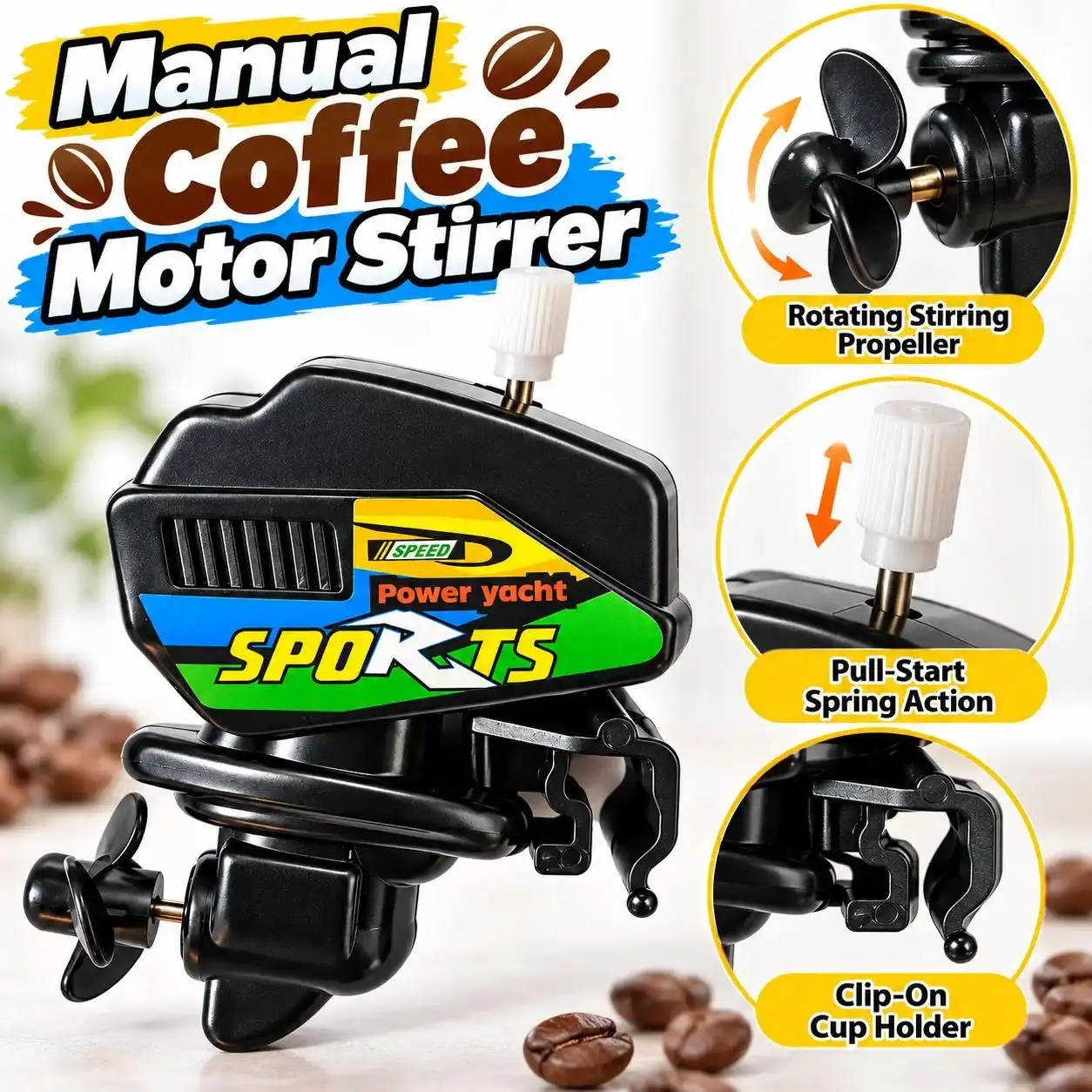 Mini Manual Coffee Stirrer Wind Up Boat Motor Shaped Cup Mixer With Rotating Propeller Clip On Coffee Mixing Gadget No Batteries Required Portable Novelty Gift For Coffee Lovers Compact Easy To Use Portable Coffee Mixer Perfect For Home Office Travel