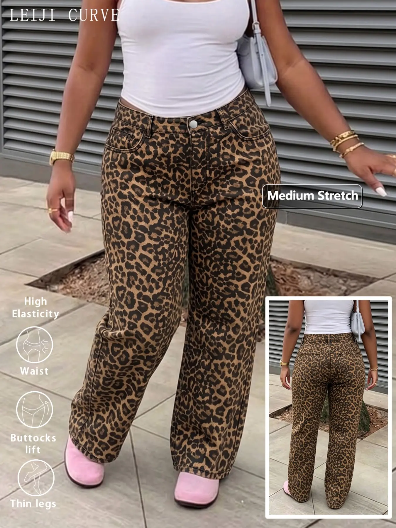 Plus Size Women's Leopard Print High Waist Stretch Jeans, Retro Chic Butt Lifting Slim Fit Straight Leg Pants, Fashionable Long Trousers for Ladies