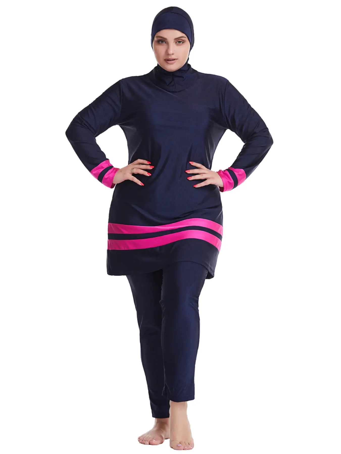 Plus Size Baju Renang Muslimah, Long Sleeve Conservative Swimsuit, Modest Swimwear, Half Neck Cover Up, Sun Protection, Three Piece Beach Set