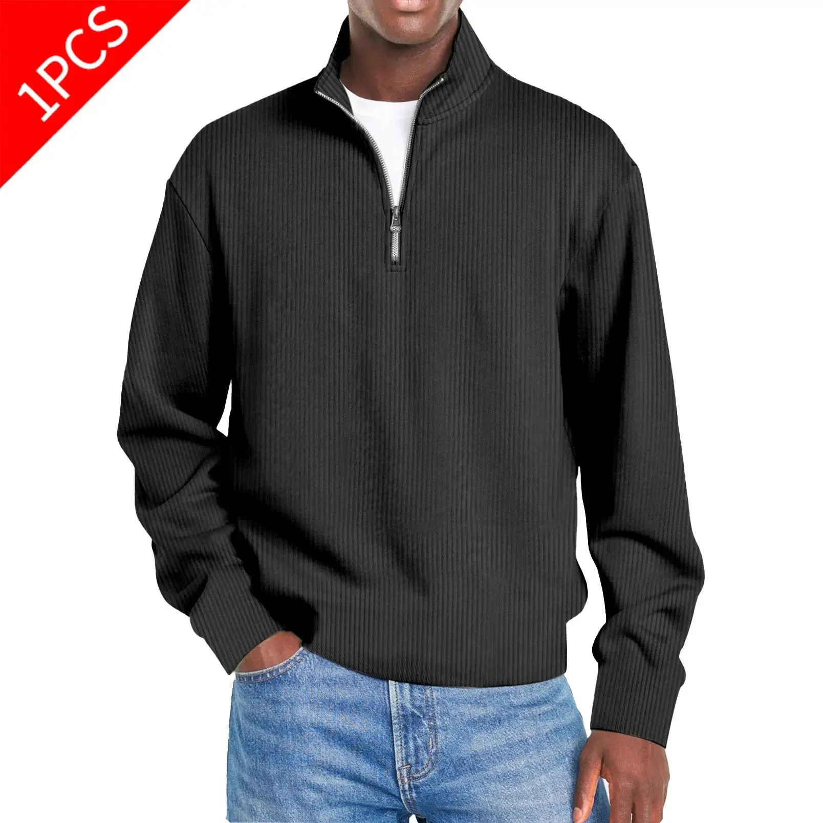 Men's Quarter-Zip Ribbed Knit Longsleeves Pullover, Lightweight Breathable Casual Polo Top for Work, Golf & Everyday Wear, Breathable Polo Shirts, Knitted Polo Shirt