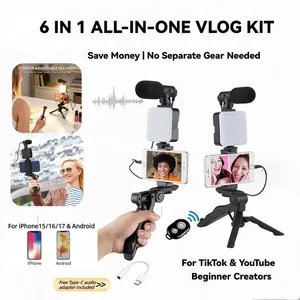 6-in-1 All-In-One Video Making Kit, Smartphone Vlogging Kit with Handheld Mini Tripod, LED Fill Light, Shotgun Microphone & BT Remote, Phone Holder Compatible with iPhone 15/16/17 Android for Live Broadcast Video Recording