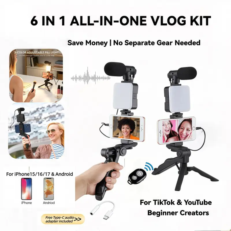 6-in-1 All-In-One Video Making Kit, Smartphone Vlogging Kit with Handheld Mini Tripod, LED Fill Light, Shotgun Microphone & BT Remote, Phone Holder Compatible with iPhone 15/16/17 Android for Live Broadcast Video Recording, Live Streaming Equipment