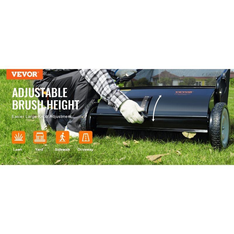 VEVOR Push Lawn Sweeper, 26-inch Leaf Grass Collector, Strong Rubber Wheels Heavy Duty Thickened Steel, Durable to Use with Large Capacity 7 cu. ft. Mesh Collection Hopper Bag, 4 Spinning Brushes