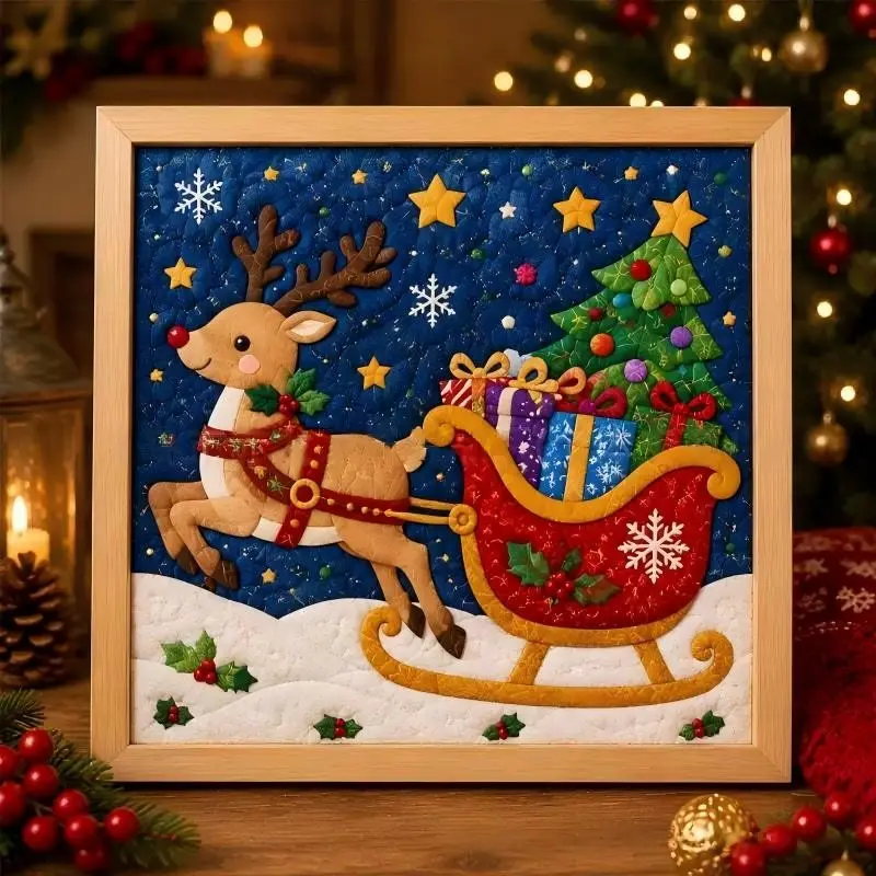 20cm Quilted Christmas Stocking Framed Wall Art, Vintage Patchwork Xmas Picture Frame, Retro Christmas Wall Decor for Home Living Room