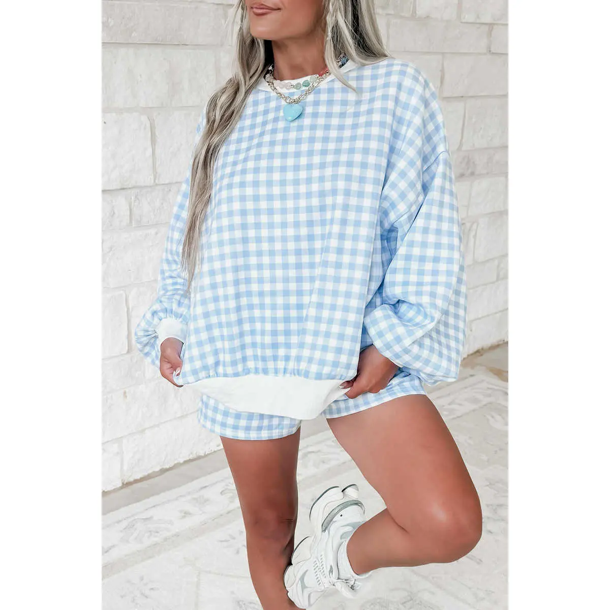 Women's Plaid Two Piece Set, Baggy Pullover Top and Drawstring Shorts Outfit, Casual Lounge Set for Everyday Wear
