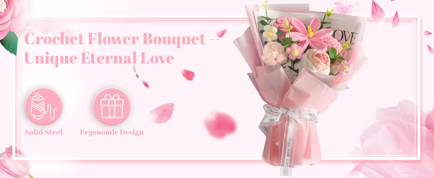 Crochet Bouquet 8PCS, Handmade Knitted Artificial Crochet Flower Gifts - Tulips Roses Daisies Carnations, Preserved for Mother's Day Valentine's Day Birthday Home Decor- Pink