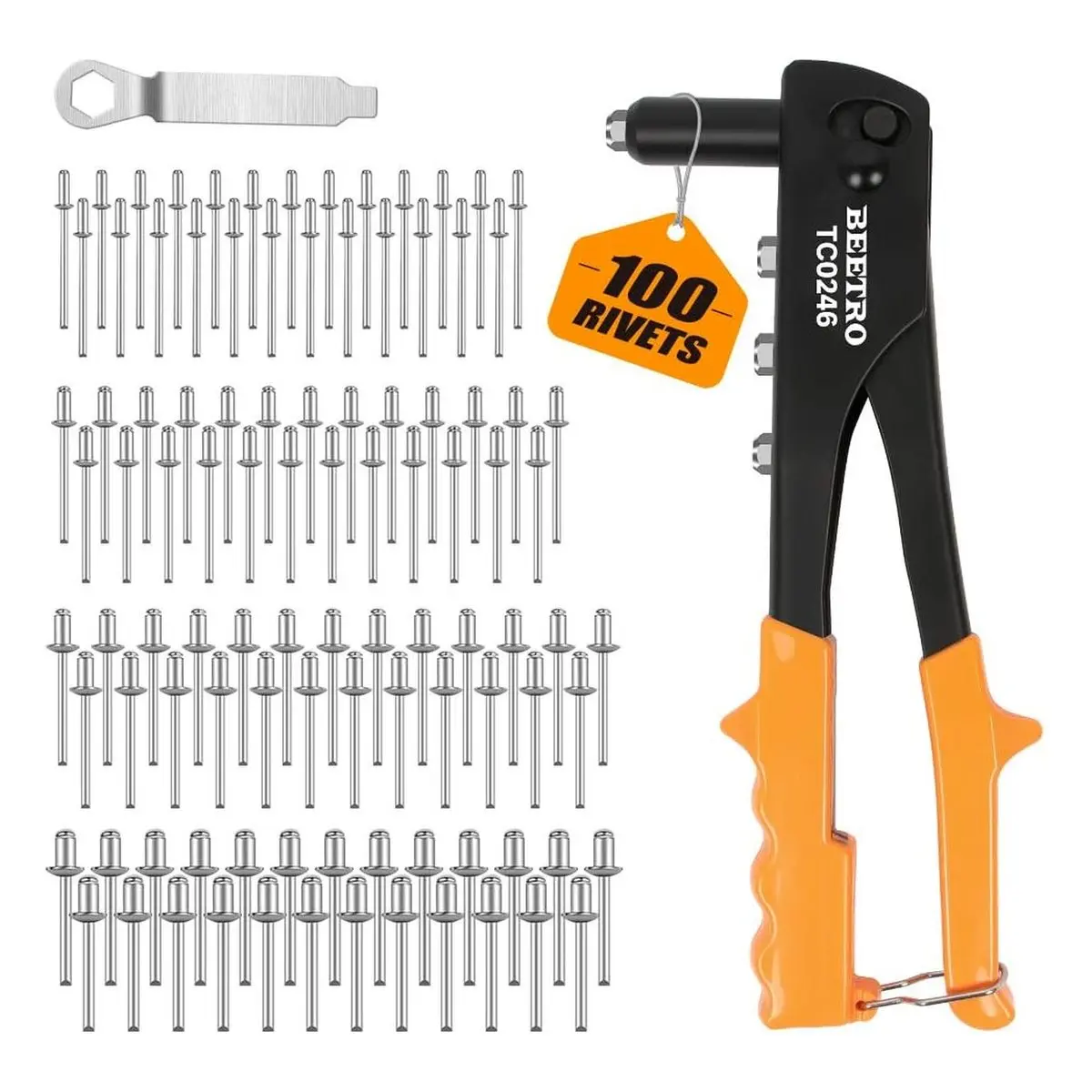 Portable Heavy Duty Hand Ratchet Riveter Kit - Ergonomic, Easy and Convenient to Carry Rivet Tool with 4 Nosepieces (3/32-in to 3/16-in), 100 Fastening Rivets for Metal, Plastic Automotive Repair, Multi-Size