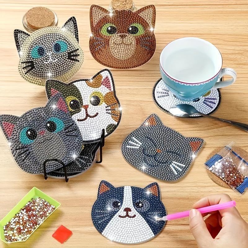 Cat-Themed Diamond Art Painting Coasters With Wooden Base, Diy Craft Kit For Beginners And Adults, Non-Slip Drink Pads For Home Table Decor, Ideal Handmade Gift And Daily Tabletop Accessory