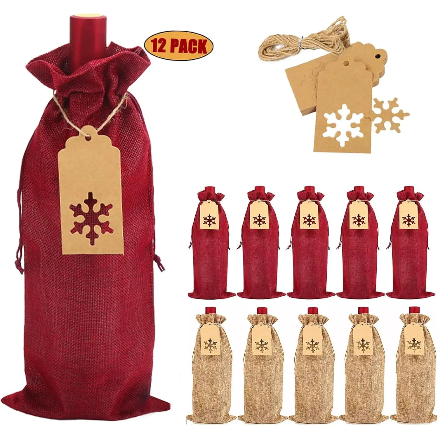 Burlap   Bags, 12 count Christmas Jute  Bottle Bags with Drawstrings,  with Tags for Party