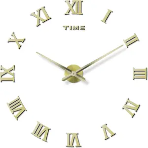 DIY Wall Clock Large Frameless 3D Clock Mirror Effect Classical Roman Numerals Wall Sticker Metal Hands Silent Quartz Movement Decor for Living Room, Bedroom, Office (Gold)