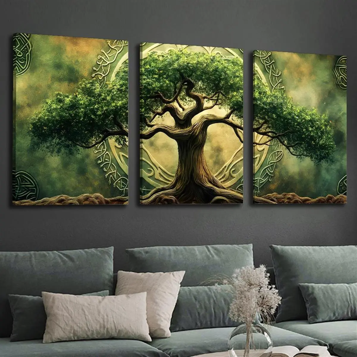 Canvas Wall Art Aesthetic Room DecorCanvas Wall Art 2D Flat Artwork, 2D Flat Design, Decorative Canvas Painting, Three-part with Wooden Frame, High-Definition Print of Medieval Celtic Tree of Life, Displays a Natural Green Plant Tree Pattern