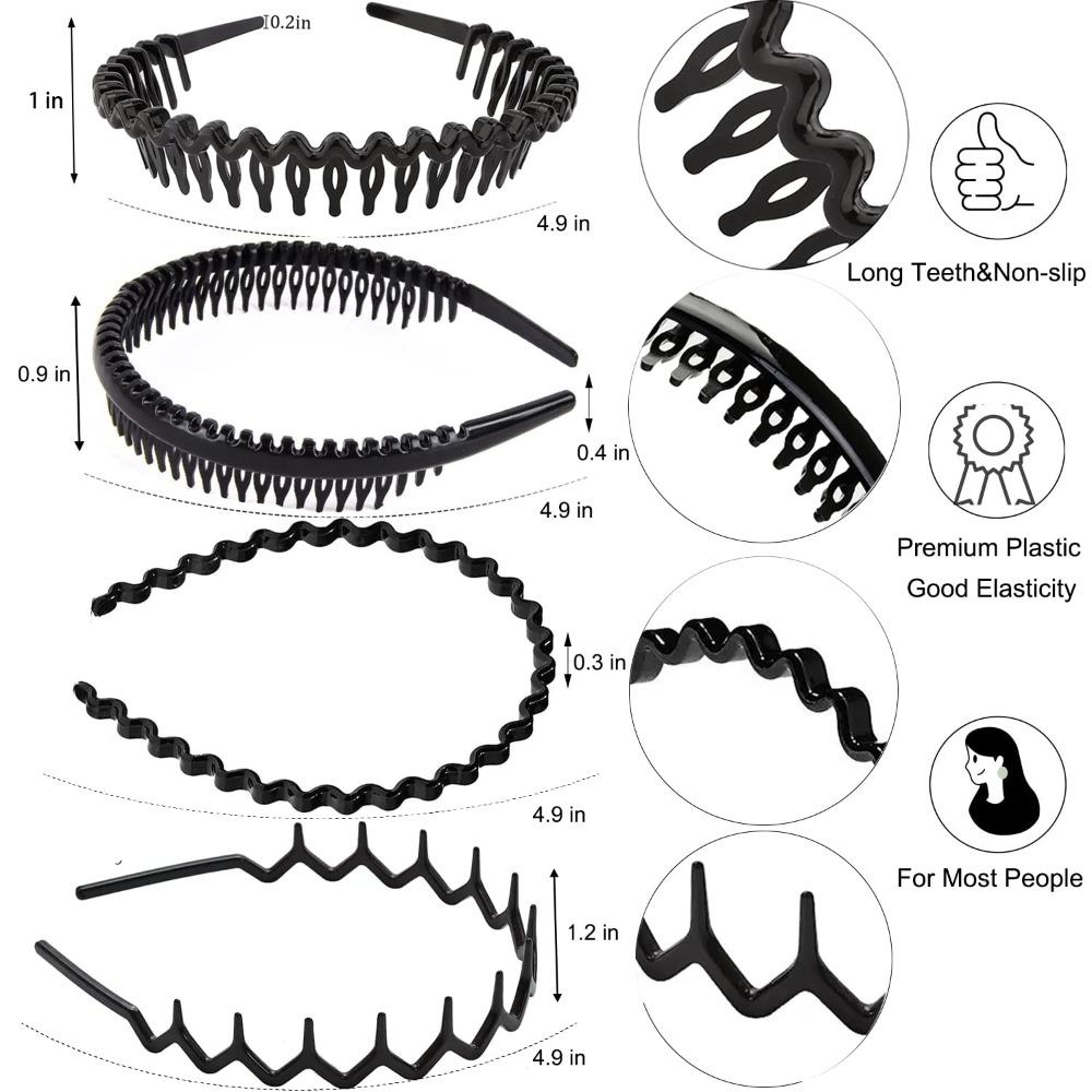 8PCS Fashion No Slip Effortless Plastic Headbands with Teeth Comb, Black Skinny Headbands Bandanas Hair Accessories Bands for Women Men