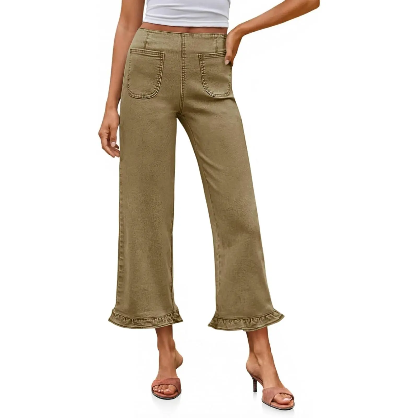 Cicy Bell Women's Fitted Basic Streetwear Bottoms - Cropped, High-Waisted, Baggy Wide-Leg Stretchy Ruffle Flare Denim Capris with Pockets for Ladies