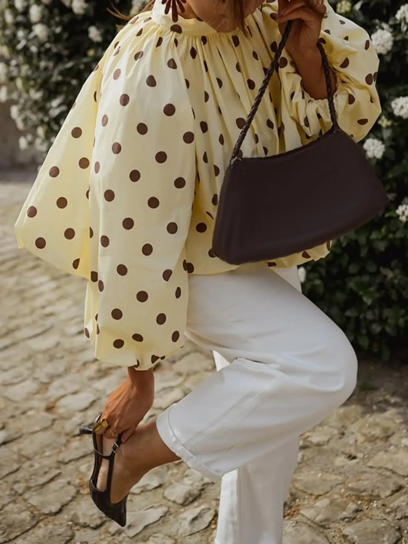 French Vintage Yellow Brown Polka Dot Blouse Top High Neck Gathered Puff Bubble Long Sleeve Loose Hem Chic Casual Shirt ideal for city café meetups boutique shopping weekend brunch and elegant feminine daily matching looks