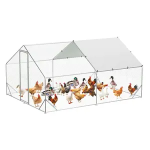 9.8' W x 6.5' D x 6.5' H/9.8' W x 13.1' D x 6.6' H/9.8' W x 19.7' L x 6.6' H Chicken Coop Run, Galvanized Steel Chicken Pen with Anti-Ultraviolet Waterproof Cover, Spire-Roof Walk-In Poultry Cage, Metal Hen House for Outdoor Farm Use