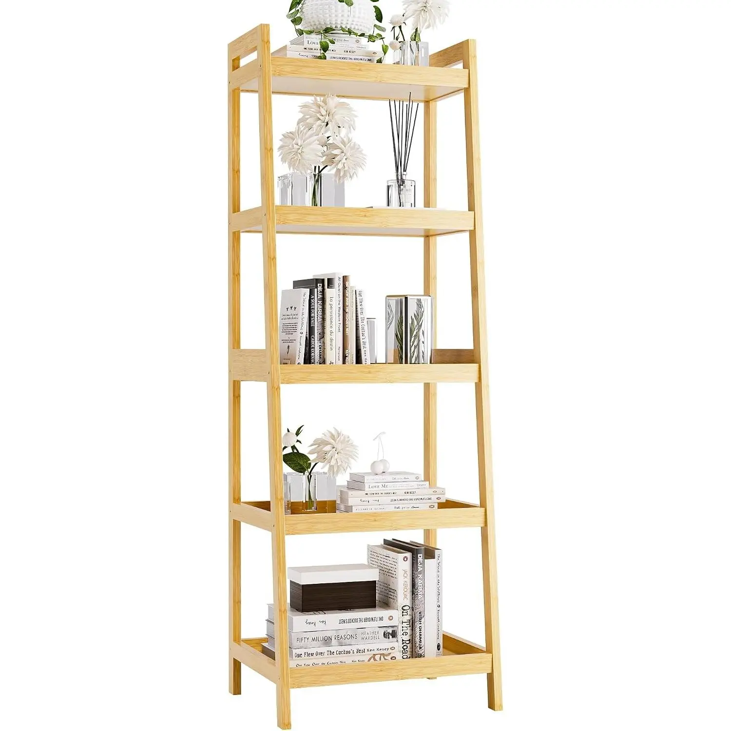 Bookshelf, 5 Tier Ladder Bookcase with Bamboo Frame, Freestanding Tall Narrow Display Plant Shelf for Living Room, Kitchen, Bedroom, Balcony, Natural